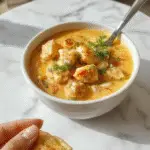 A steaming, creamy chicken casserole in a rustic ceramic dish, topped with melted cheese and chopped herbs. The dish showcases tender chunks of chicken, vibrant vegetables, and a golden-brown crust, served on a wooden table with fresh herbs and a side of low-carb vegetables.