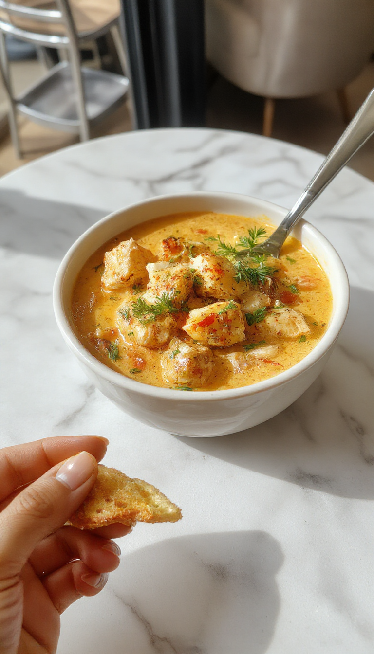 A steaming, creamy chicken casserole in a rustic ceramic dish, topped with melted cheese and chopped herbs. The dish showcases tender chunks of chicken, vibrant vegetables, and a golden-brown crust, served on a wooden table with fresh herbs and a side of low-carb vegetables.