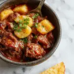 A steaming casserole dish filled with a hearty mixture of ground beef, golden potatoes, and colorful vegetables, topped with melted cheese and garnished with fresh herbs, all presented on a rustic wooden table.