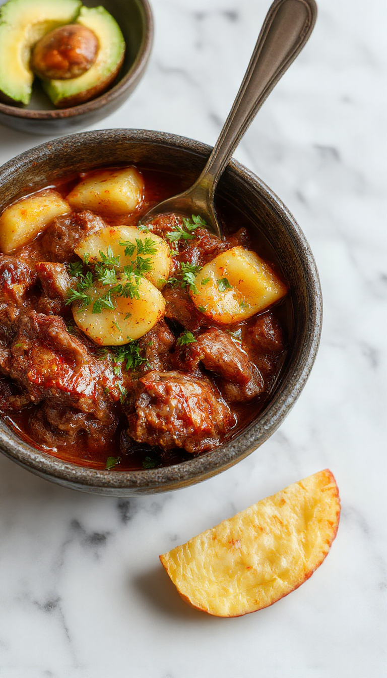 A steaming casserole dish filled with a hearty mixture of ground beef, golden potatoes, and colorful vegetables, topped with melted cheese and garnished with fresh herbs, all presented on a rustic wooden table.