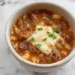 A close-up of a hearty cazuela de arroz con carne molida and cheese, showcasing a steaming, golden-brown surface topped with melted cheese, garnished with fresh herbs, served in a rustic ceramic dish. The background features a cozy kitchen setting with colorful ingredients and a rustic wooden table.
