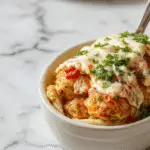 A rustic casserole dish filled with layers of golden-brown chicken, melted cheese, and vibrant vegetables, topped with fresh cilantro, presented on a wooden table with a side of warm tortillas.