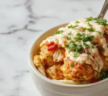 A rustic casserole dish filled with layers of golden-brown chicken, melted cheese, and vibrant vegetables, topped with fresh cilantro, presented on a wooden table with a side of warm tortillas.
