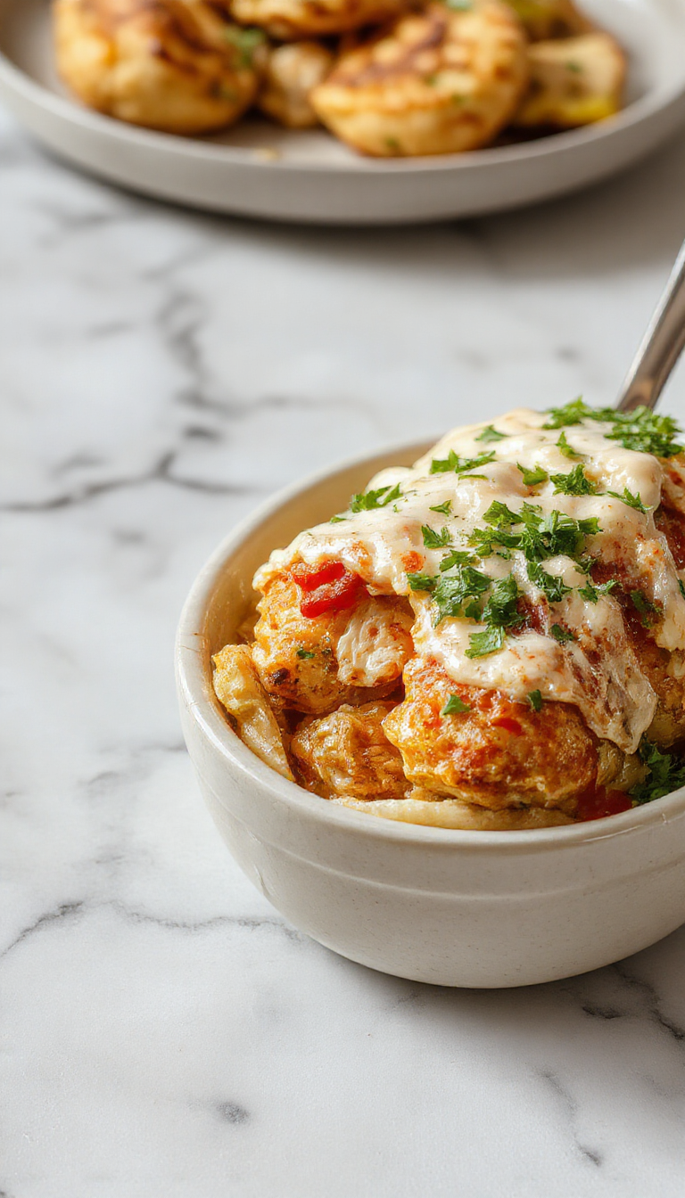 A rustic casserole dish filled with layers of golden-brown chicken, melted cheese, and vibrant vegetables, topped with fresh cilantro, presented on a wooden table with a side of warm tortillas.
