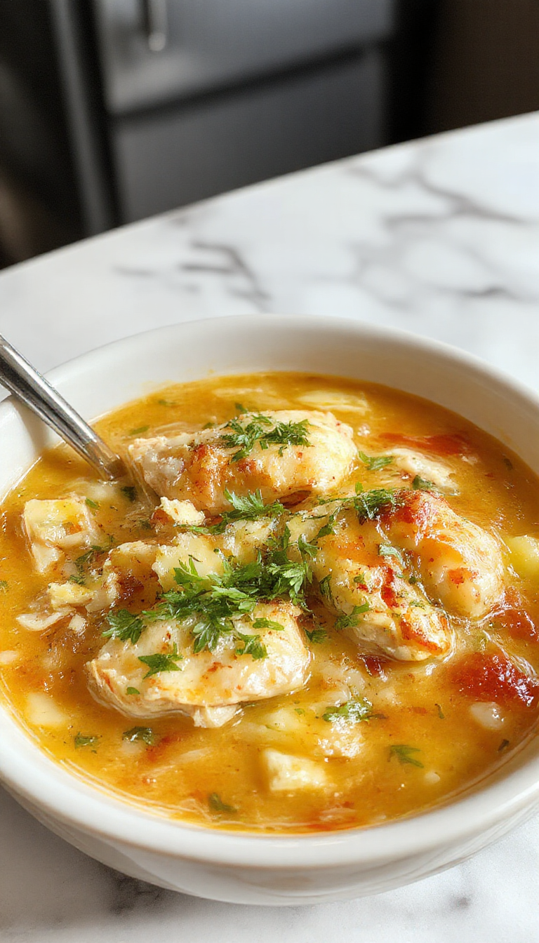 A steaming casserole dish filled with tender shredded chicken, al dente orzo pasta, and caramelized French onion slices. The casserole has a golden-brown crust on top, garnished with fresh herbs. The vibrant colors of the creamy sauce, roasted onions, and pasta are visible, conveying a cozy and hearty meal presentation.