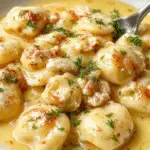 A close-up of a steaming bowl of tortellini pasta in a rich creamy sauce, topped with freshly chopped herbs. The tortellini are plump, golden, and arranged invitingly, with some sauce lightly coating the pasta, highlighting its smooth texture and the hearty presentation.