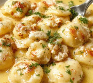 A close-up of a steaming bowl of tortellini pasta in a rich creamy sauce, topped with freshly chopped herbs. The tortellini are plump, golden, and arranged invitingly, with some sauce lightly coating the pasta, highlighting its smooth texture and the hearty presentation.