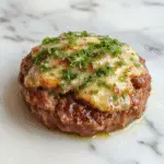 A close-up shot of a hearty Salisbury Steak plated on a rustic white dish, topped with a rich, glossy mushroom and onion gravy. The steak is browned to perfection, garnished with fresh herbs and served alongside roasted vegetables. Steam gently rises from the hot dish, emphasizing its freshness and flavor.