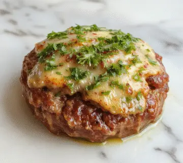 A close-up shot of a hearty Salisbury Steak plated on a rustic white dish, topped with a rich, glossy mushroom and onion gravy. The steak is browned to perfection, garnished with fresh herbs and served alongside roasted vegetables. Steam gently rises from the hot dish, emphasizing its freshness and flavor.