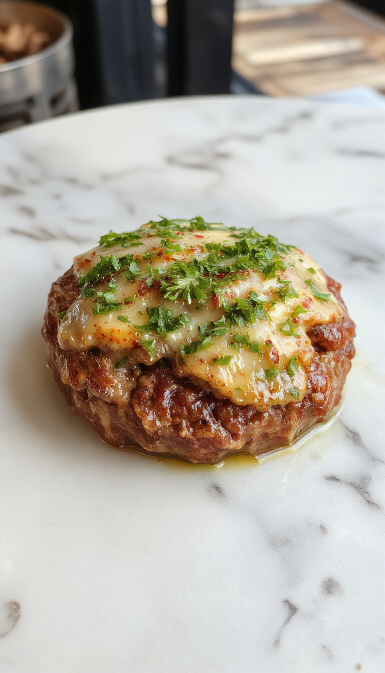 A close-up shot of a hearty Salisbury Steak plated on a rustic white dish, topped with a rich, glossy mushroom and onion gravy. The steak is browned to perfection, garnished with fresh herbs and served alongside roasted vegetables. Steam gently rises from the hot dish, emphasizing its freshness and flavor.