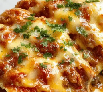 A close-up of a skillet filled with golden-brown beef and melted cheese covered enchiladas, topped with fresh cilantro and a drizzle of red sauce, all arranged neatly on a rustic white plate.