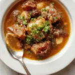 Un tazón hondo lleno de estofado de carne en una olla de cocción lenta, con trozos de carne de res tiernos, zanahorias y cebollas en un caldo espeso y aroma reconfortante. La presentación incluye hierbas frescas en la superficie y bordes rústicos que resaltan el estilo casero y cálido.