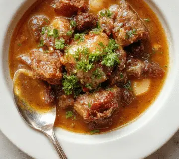 Un tazón hondo lleno de estofado de carne en una olla de cocción lenta, con trozos de carne de res tiernos, zanahorias y cebollas en un caldo espeso y aroma reconfortante. La presentación incluye hierbas frescas en la superficie y bordes rústicos que resaltan el estilo casero y cálido.