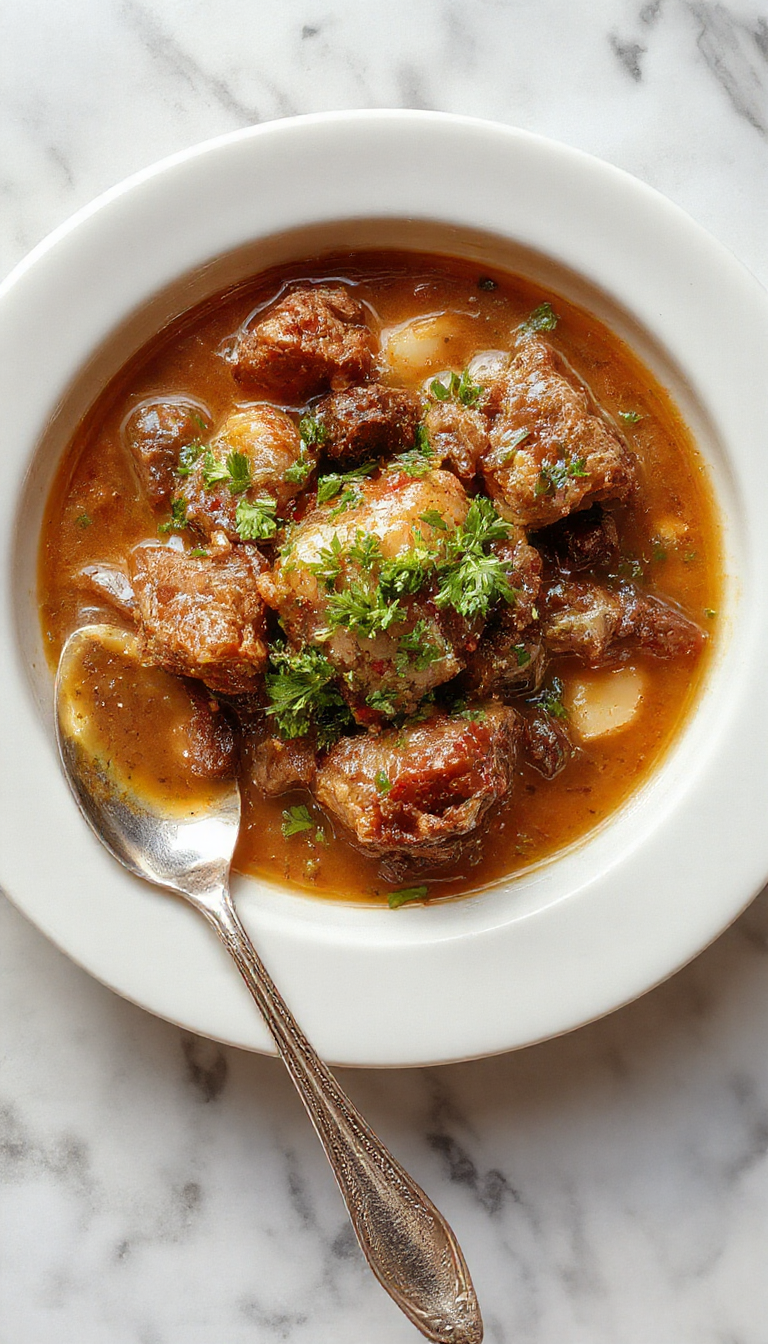 Un tazón hondo lleno de estofado de carne en una olla de cocción lenta, con trozos de carne de res tiernos, zanahorias y cebollas en un caldo espeso y aroma reconfortante. La presentación incluye hierbas frescas en la superficie y bordes rústicos que resaltan el estilo casero y cálido.
