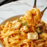 A comforting plate of fideos con mantequilla de pollo featuring tender pasta topped with shredded chicken, drizzled with melted butter, garnished with fresh herbs, and served on a rustic white plate with a colorful background.