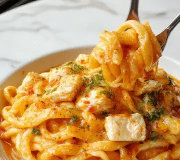A comforting plate of fideos con mantequilla de pollo featuring tender pasta topped with shredded chicken, drizzled with melted butter, garnished with fresh herbs, and served on a rustic white plate with a colorful background.