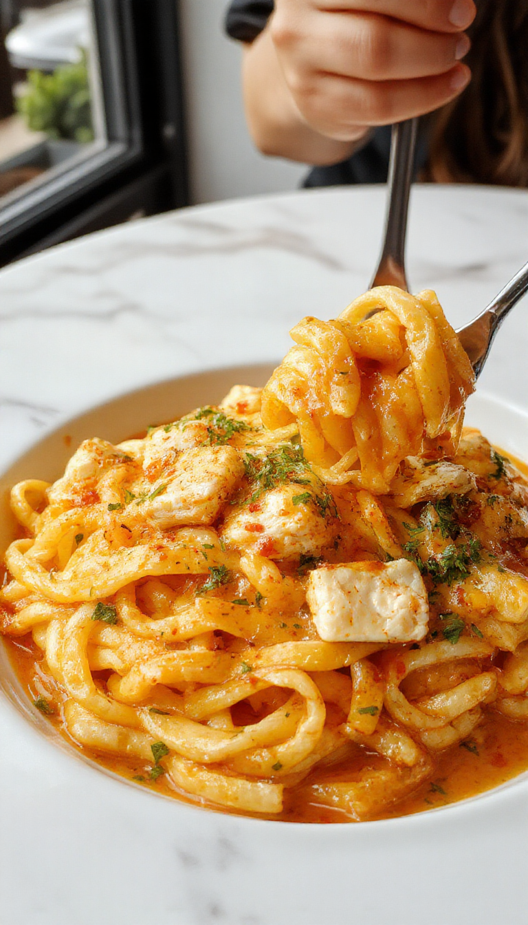 A comforting plate of fideos con mantequilla de pollo featuring tender pasta topped with shredded chicken, drizzled with melted butter, garnished with fresh herbs, and served on a rustic white plate with a colorful background.