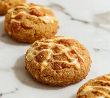 Galletas Snickerdoodle de calabaza con un remolino de azúcar y canela en la superficie, en un plato blanco sobre una mesa de madera, decoradas con un toque de mantequilla marrón derretida y un fondo decorativo otoñal con colores cálidos y hojas secas.