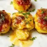 A close-up of a beautifully plated zucchini noodle gratin dish, topped with golden melted cheese and fresh herbs, with vibrant green zucchini spirals and crispy edges, on a rustic white plate.