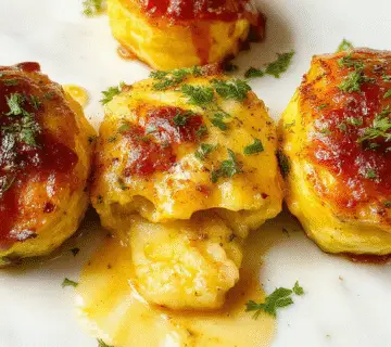 A close-up of a beautifully plated zucchini noodle gratin dish, topped with golden melted cheese and fresh herbs, with vibrant green zucchini spirals and crispy edges, on a rustic white plate.