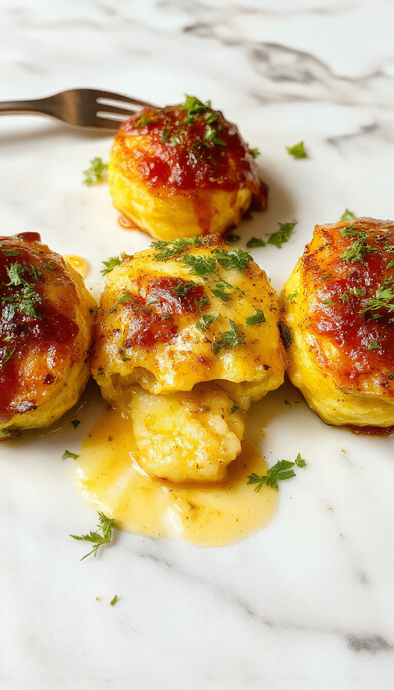 A close-up of a beautifully plated zucchini noodle gratin dish, topped with golden melted cheese and fresh herbs, with vibrant green zucchini spirals and crispy edges, on a rustic white plate.