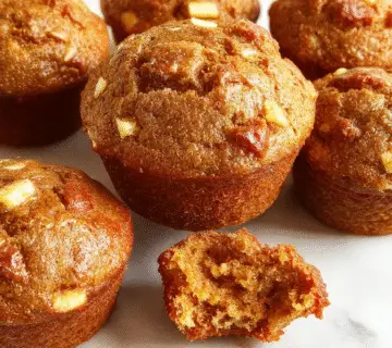 A close-up of freshly baked apple cinnamon muffins arranged on a rustic wooden platter, golden-brown tops sprinkled with cinnamon sugar, with visible chunks of apple and swirls of cinnamon inside. The muffins are showcased against a soft-focus background featuring autumn leaves and a cozy kitchen setting.