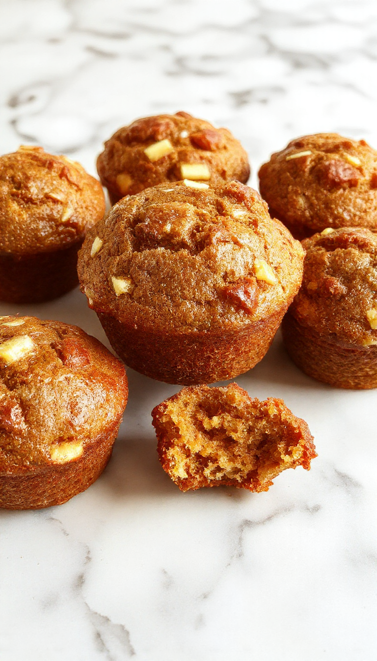 A close-up of freshly baked apple cinnamon muffins arranged on a rustic wooden platter, golden-brown tops sprinkled with cinnamon sugar, with visible chunks of apple and swirls of cinnamon inside. The muffins are showcased against a soft-focus background featuring autumn leaves and a cozy kitchen setting.