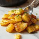 Golden-brown baked sweet potatoes topped with a vibrant mixture of fresh blueberries and diced apples, garnished with a sprig of mint. The dish is elegantly plated on a rustic white platter, with a slight sheen on the caramelized edges, showcasing the textures of the soft potatoes contrasting with the juicy berries and crisp apple pieces.