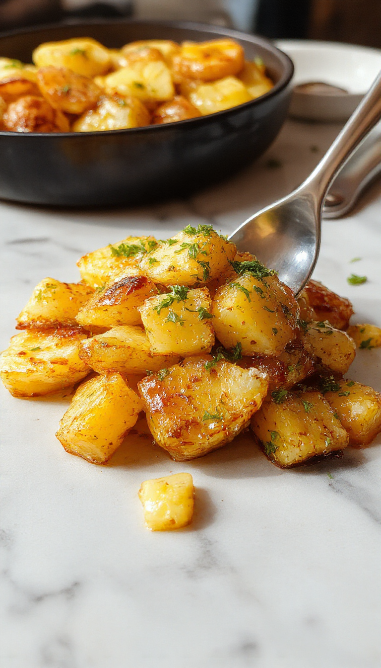 Golden-brown baked sweet potatoes topped with a vibrant mixture of fresh blueberries and diced apples, garnished with a sprig of mint. The dish is elegantly plated on a rustic white platter, with a slight sheen on the caramelized edges, showcasing the textures of the soft potatoes contrasting with the juicy berries and crisp apple pieces.