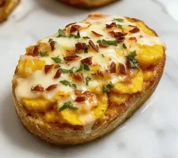 A beautifully sliced pumpkin bread loaf topped with a smooth, glossy cream cheese glaze drizzling down the sides. The bread has a golden-brown crust with a moist, dense interior flecked with specks of pumpkin. The glaze enhances the festive presentation, making it visually appealing on a rustic wooden serving platter with a few pumpkin seeds sprinkled around.