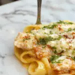 A creamy pasta dish topped with grated Parmesan cheese, featuring tender pieces of chicken and al dente pasta coated in a rich white sauce. The plate is garnished with chopped parsley and served on a rustic wooden table with a sprinkle of Parmesan. The scene is beautifully lit, highlighting the glossy sauce and freshly grated cheese.