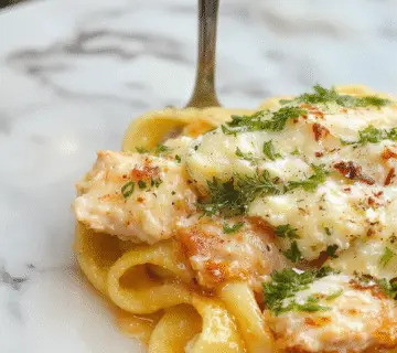 A creamy pasta dish topped with grated Parmesan cheese, featuring tender pieces of chicken and al dente pasta coated in a rich white sauce. The plate is garnished with chopped parsley and served on a rustic wooden table with a sprinkle of Parmesan. The scene is beautifully lit, highlighting the glossy sauce and freshly grated cheese.