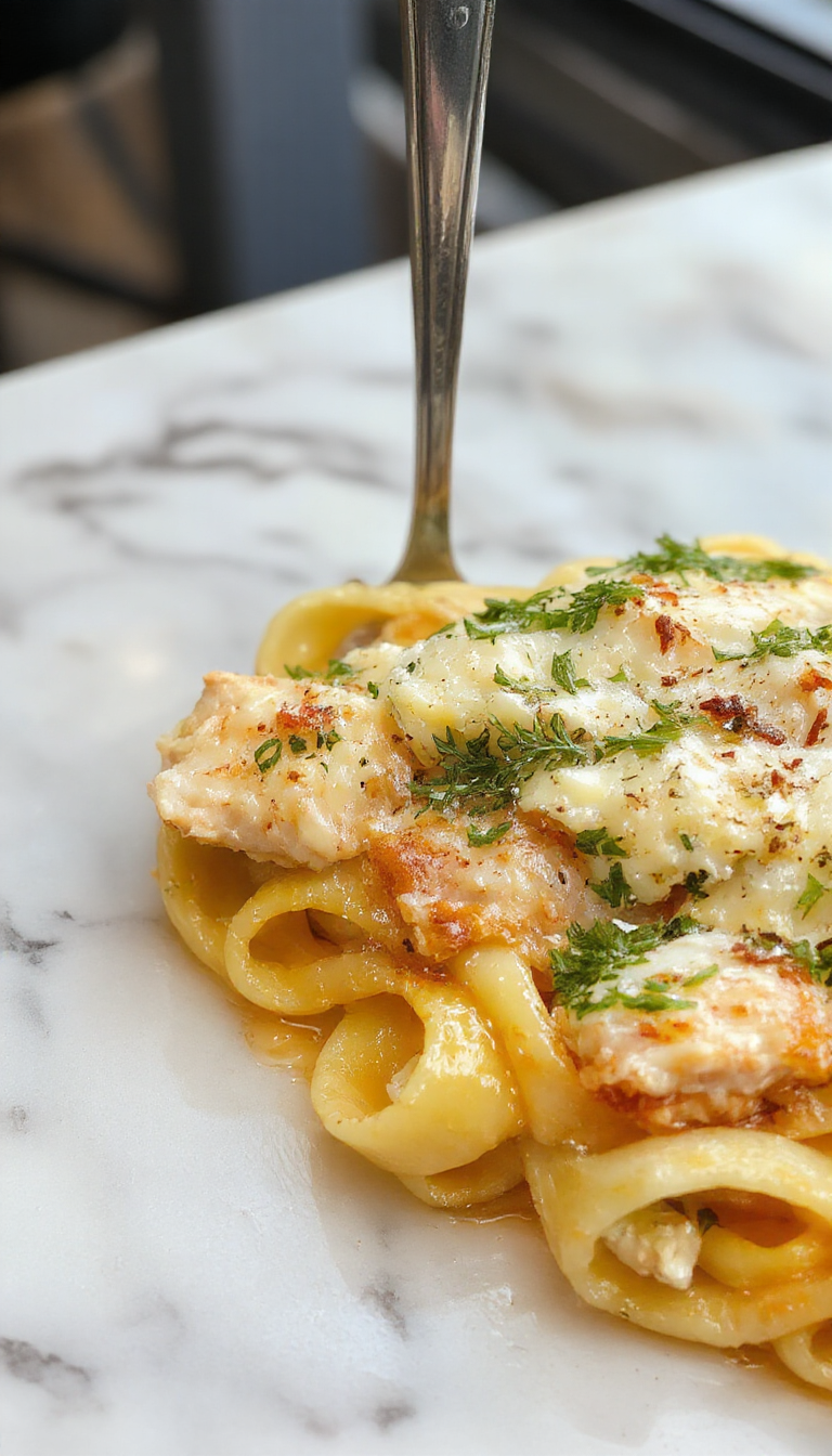 A creamy pasta dish topped with grated Parmesan cheese, featuring tender pieces of chicken and al dente pasta coated in a rich white sauce. The plate is garnished with chopped parsley and served on a rustic wooden table with a sprinkle of Parmesan. The scene is beautifully lit, highlighting the glossy sauce and freshly grated cheese.