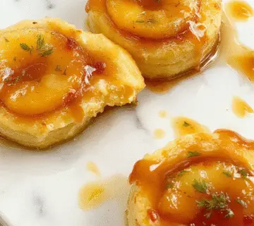 Un pastel de volcán de manzana y caramelo en una olla de cocción lenta, mostrando capas doradas de manzana caramelizada cubiertas con un glaseado brillante, decoradas con rodajas de manzana y una pizca de canela, todo en un plato rústico sobre una mesa de madera.