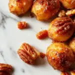 A rustic ceramic baking dish filled with golden-brown twice-baked sweet potatoes topped generously with chopped pecans, caramelized edges, and a hint of cinnamon. The dish is placed on a wooden table with a few pecans scattered around, evoking a warm, comforting atmosphere.