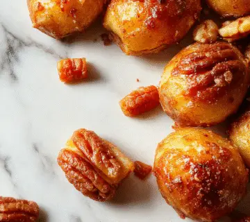 A rustic ceramic baking dish filled with golden-brown twice-baked sweet potatoes topped generously with chopped pecans, caramelized edges, and a hint of cinnamon. The dish is placed on a wooden table with a few pecans scattered around, evoking a warm, comforting atmosphere.