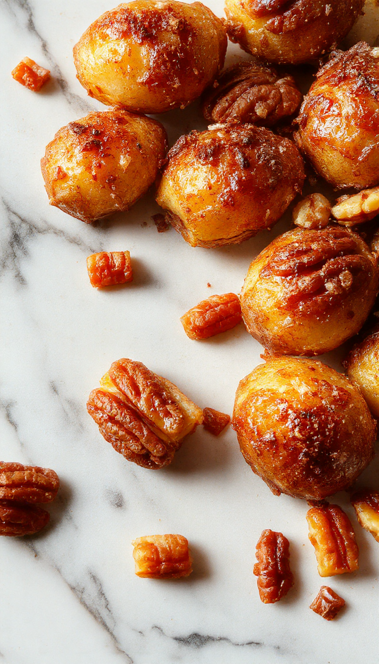 A rustic ceramic baking dish filled with golden-brown twice-baked sweet potatoes topped generously with chopped pecans, caramelized edges, and a hint of cinnamon. The dish is placed on a wooden table with a few pecans scattered around, evoking a warm, comforting atmosphere.