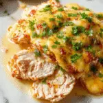 A golden-brown chicken breast coated in a rich, buttery sauce, served on a white plate garnished with fresh herbs. The dish is accompanied by fluffy rice and colorful steamed vegetables, with a rustic wooden table in the background.