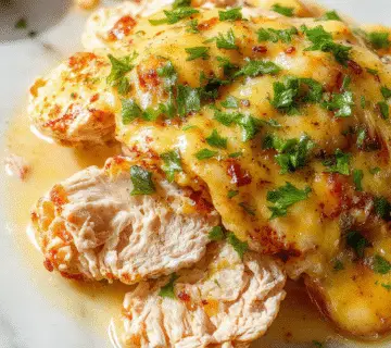 A golden-brown chicken breast coated in a rich, buttery sauce, served on a white plate garnished with fresh herbs. The dish is accompanied by fluffy rice and colorful steamed vegetables, with a rustic wooden table in the background.