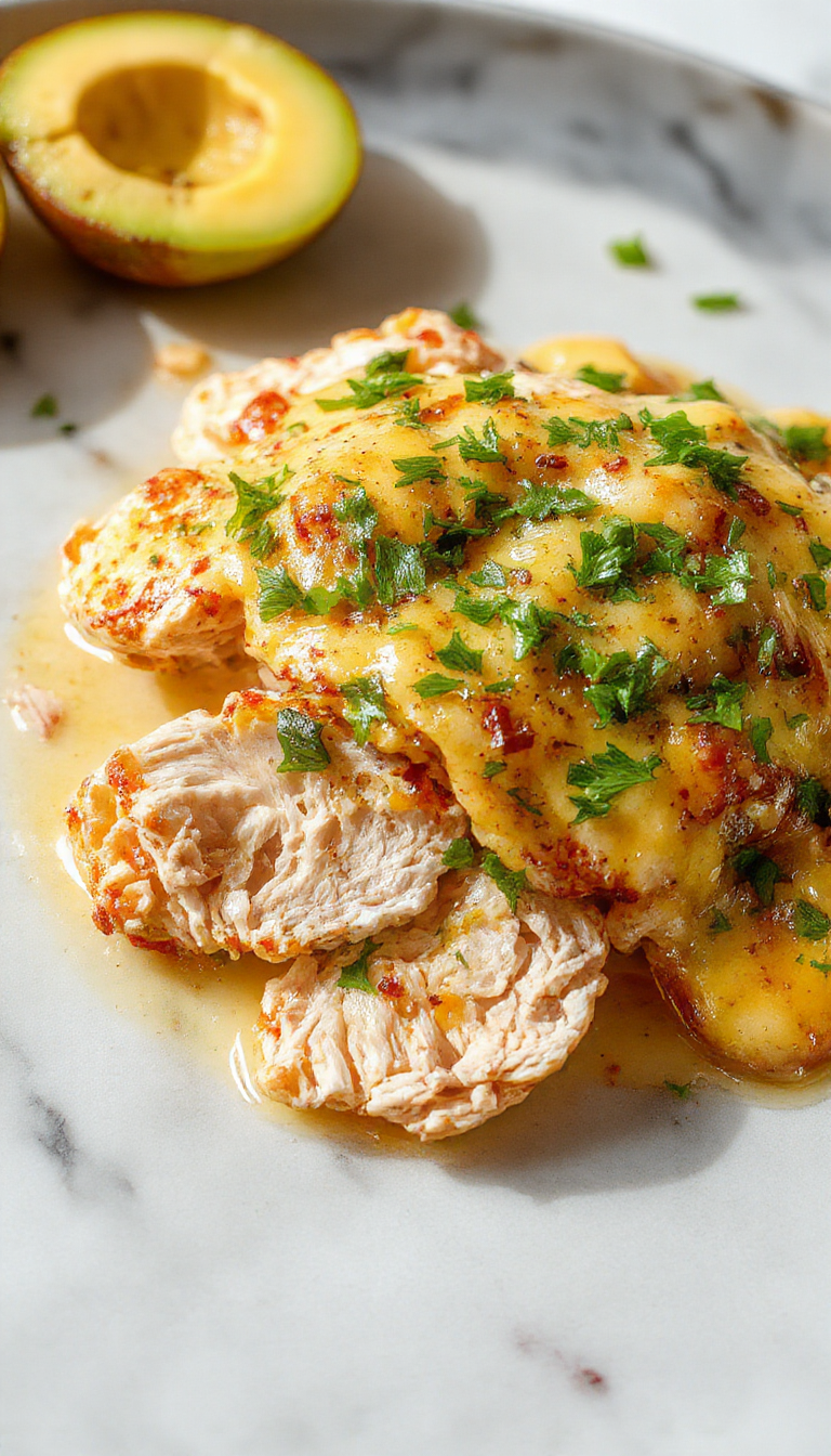 A golden-brown chicken breast coated in a rich, buttery sauce, served on a white plate garnished with fresh herbs. The dish is accompanied by fluffy rice and colorful steamed vegetables, with a rustic wooden table in the background.