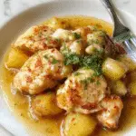 A rustic ceramic pot filled with golden-brown roasted chicken pieces topped with grated Parmesan cheese, surrounded by crispy roasted potato chunks, garnished with fresh parsley, all steaming hot and perfectly cooked with visible garlic slices and herbs.