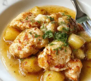 A rustic ceramic pot filled with golden-brown roasted chicken pieces topped with grated Parmesan cheese, surrounded by crispy roasted potato chunks, garnished with fresh parsley, all steaming hot and perfectly cooked with visible garlic slices and herbs.