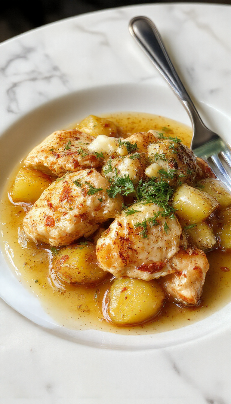 A rustic ceramic pot filled with golden-brown roasted chicken pieces topped with grated Parmesan cheese, surrounded by crispy roasted potato chunks, garnished with fresh parsley, all steaming hot and perfectly cooked with visible garlic slices and herbs.