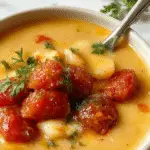A steaming bowl of creamy tomato soup garnished with fresh basil leaves, served in a rustic white bowl on a wooden table, with a slice of crusty bread on the side. The soup has a smooth, vibrant red hue with visible tomato chunks and a drizzle of olive oil, creating an inviting and hearty presentation.