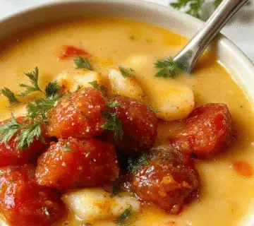 A steaming bowl of creamy tomato soup garnished with fresh basil leaves, served in a rustic white bowl on a wooden table, with a slice of crusty bread on the side. The soup has a smooth, vibrant red hue with visible tomato chunks and a drizzle of olive oil, creating an inviting and hearty presentation.