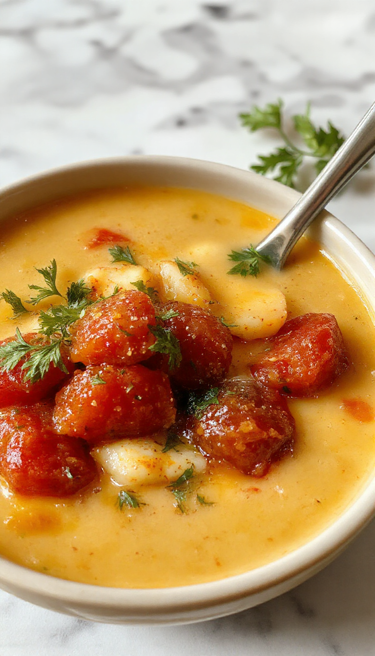 A steaming bowl of creamy tomato soup garnished with fresh basil leaves, served in a rustic white bowl on a wooden table, with a slice of crusty bread on the side. The soup has a smooth, vibrant red hue with visible tomato chunks and a drizzle of olive oil, creating an inviting and hearty presentation.