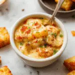 Un plato de cazuela de Tater Tots en un molde rectangular, con una capa dorada y crujiente en la superficie, rodeado de ingredientes visibles como carne molida, queso derretido, y vegetales, presentado en un ambiente cálido y acogedor con fondo difuso de cocina hogareña.