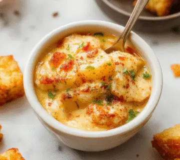 Un plato de cazuela de Tater Tots en un molde rectangular, con una capa dorada y crujiente en la superficie, rodeado de ingredientes visibles como carne molida, queso derretido, y vegetales, presentado en un ambiente cálido y acogedor con fondo difuso de cocina hogareña.