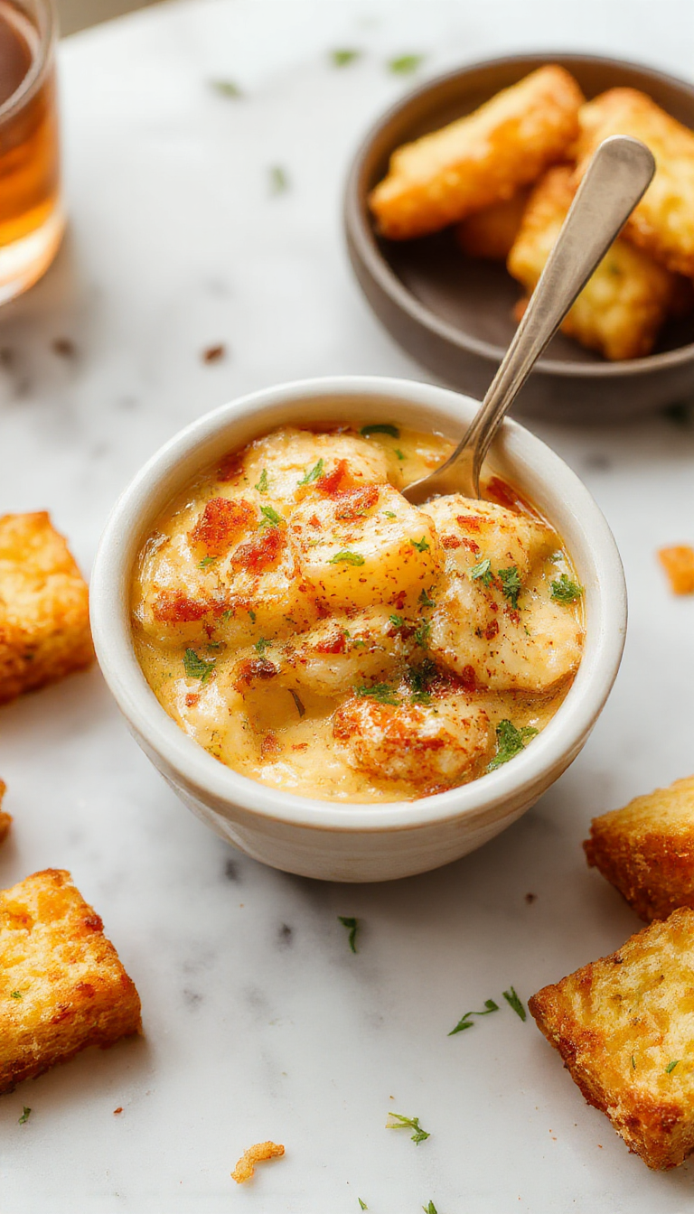 Un plato de cazuela de Tater Tots en un molde rectangular, con una capa dorada y crujiente en la superficie, rodeado de ingredientes visibles como carne molida, queso derretido, y vegetales, presentado en un ambiente cálido y acogedor con fondo difuso de cocina hogareña.