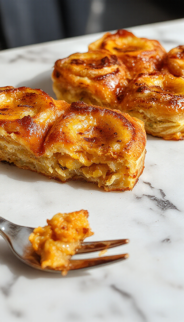 A slice of pumpkin coffee cake with a golden-brown crust and a moist, spiced pumpkin filling topped with a dollop of whipped cream, garnished with a sprinkle of cinnamon. The cake is displayed on a rustic white plate, with a fork beside it. The background shows a cozy autumn setting with warm lighting and fall decorations.